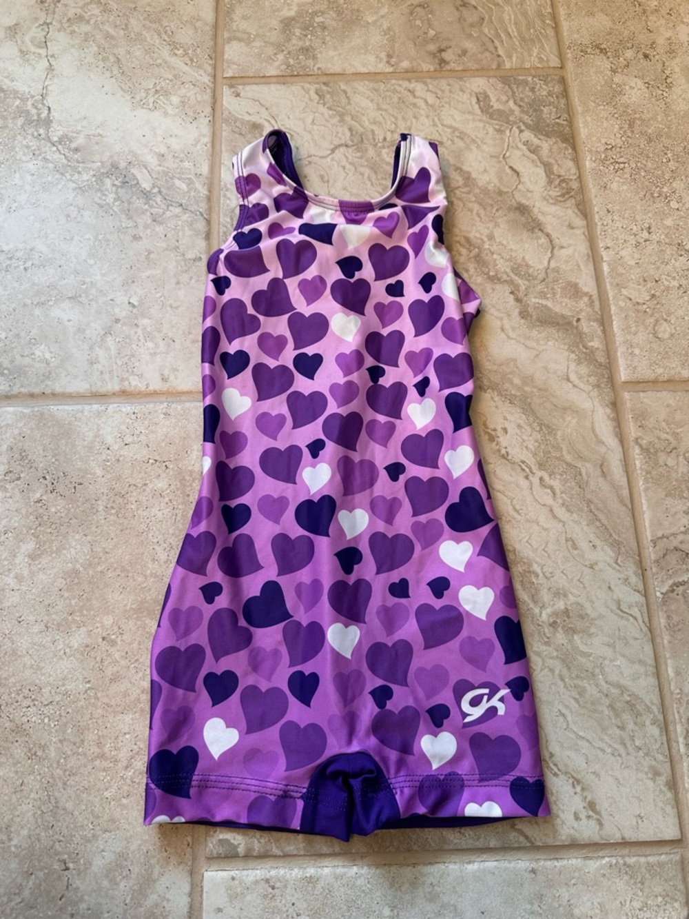 GK Elite Purple Heart-Print Girls' Gymnastics Leotard, child small